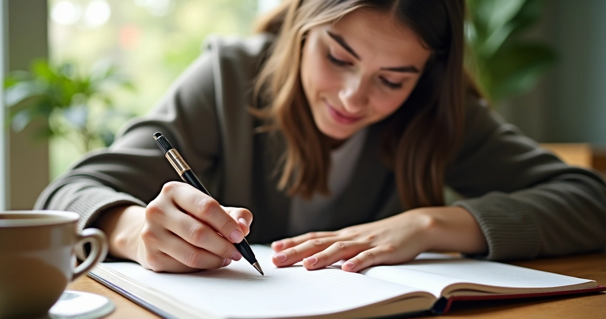 Persona anotando beneficios de la meditación en agenda 