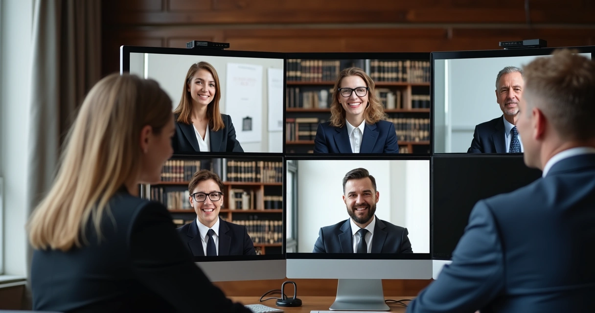 Sala virtual com advogados reunidos em videoconferência 