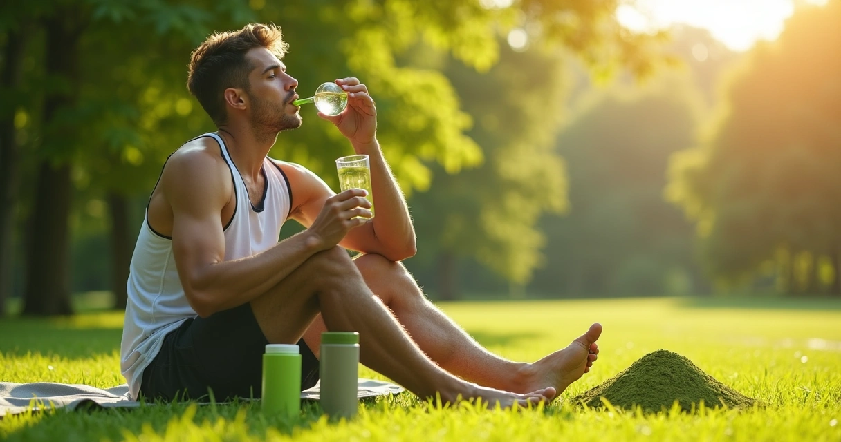 Atleta amador consumindo suplemento de moringa com folhas verdes ao redor