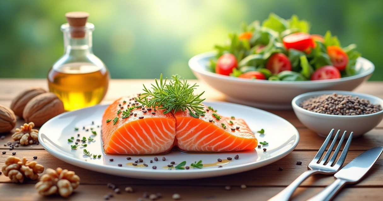 Prato saudável com salmão, nozes, sementes de linhaça e salada em uma mesa de madeira