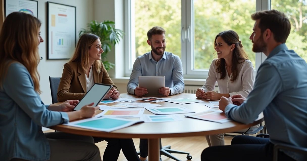 Colaboradores diversos discutindo benefícios personalizados 