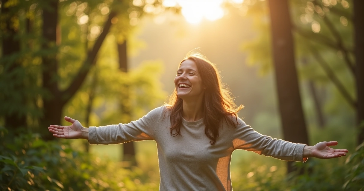 Persona sonriente en la naturaleza, gesto de paz tras poner límites.
