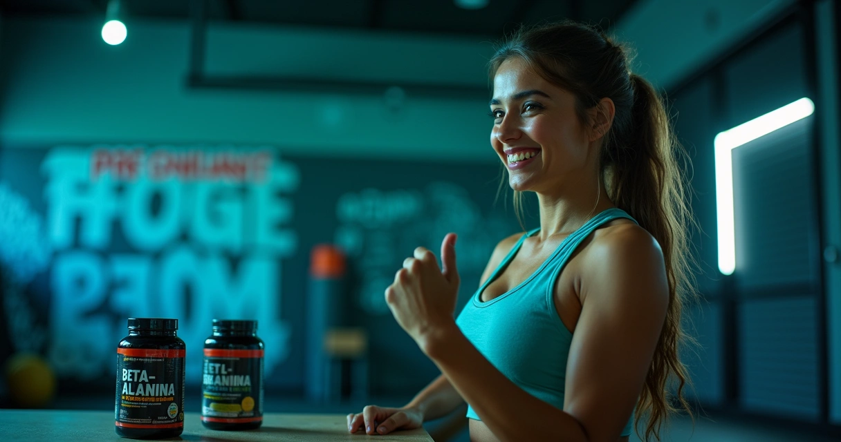 Pessoa na academia levantando pesos com frascos de pré-treino ao fundo, simbolizando energia e foco.