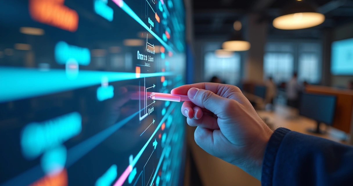 Gráfico colorido com setas apontando melhorias e clareza nos processos. 