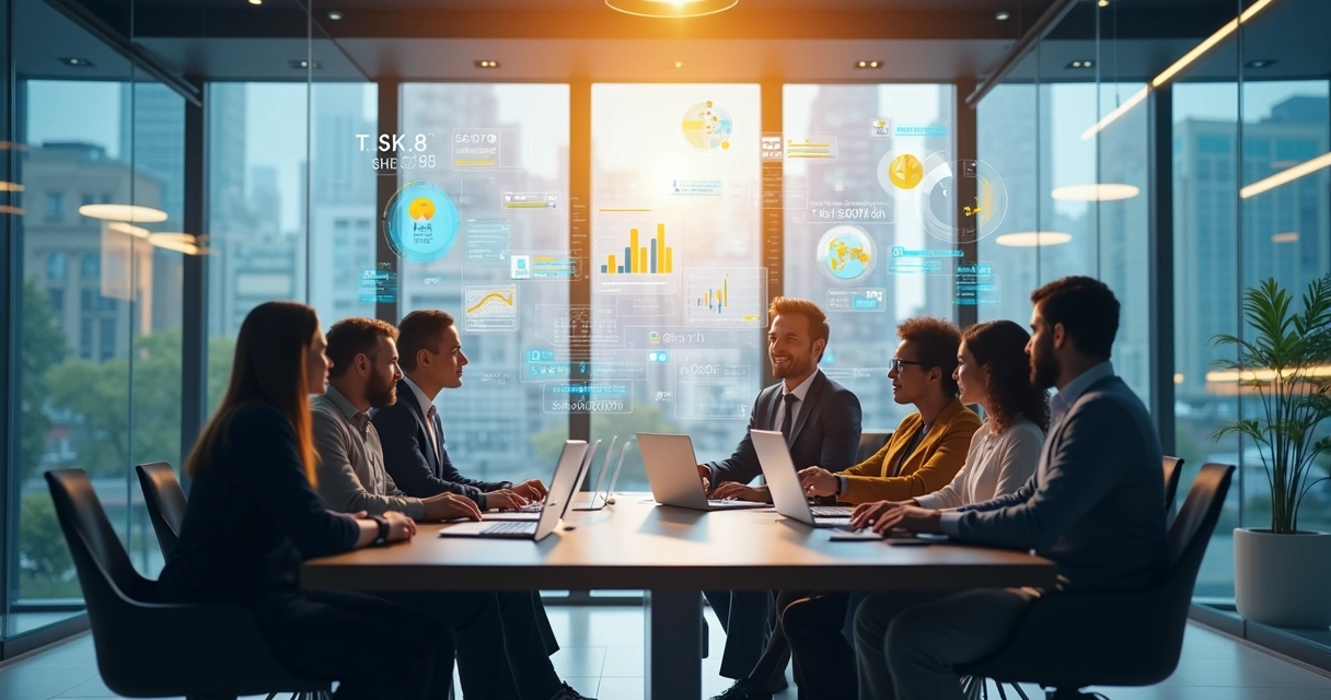 Equipe de atendimento analisa relatórios digitais em sala com gráficos virtuais 