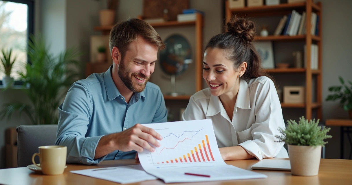 Terapeuta e paciente analisando progresso em um gráfico colorido.