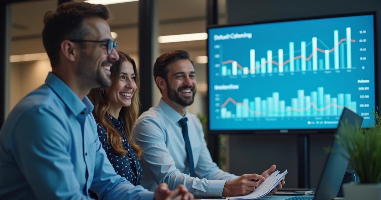 Profissionais satisfeitos analisando resultados positivos com gráficos 
