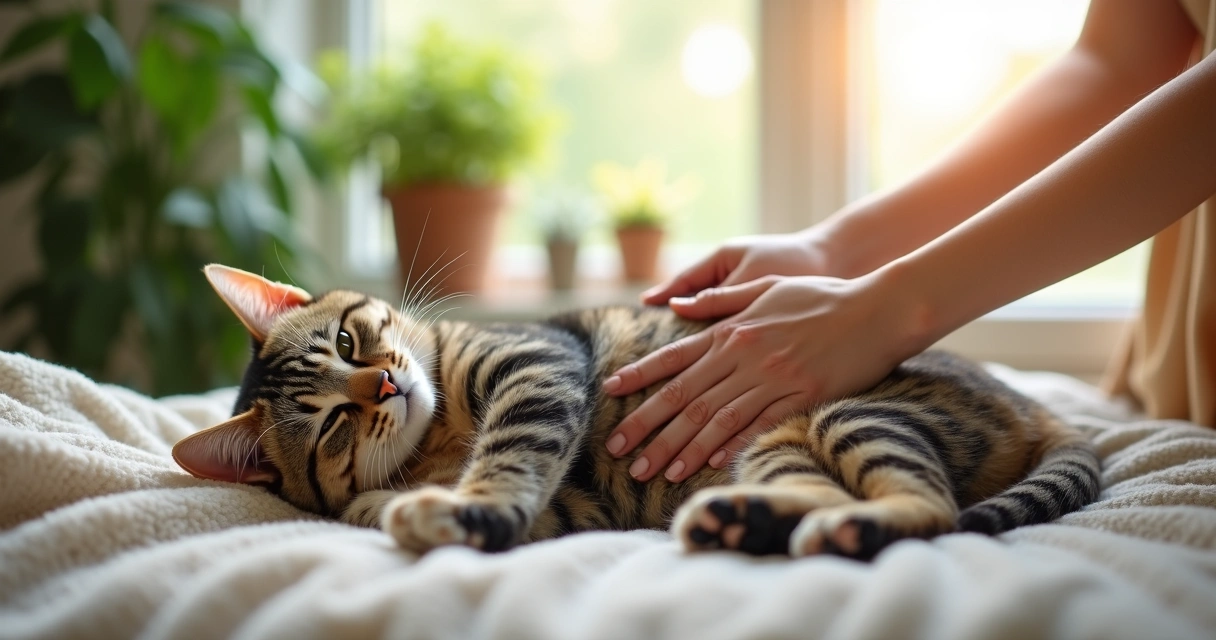 Gato deitado relaxado cercado por mãos humanas sem tocá-lo, em ambiente com plantas ao fundo. 