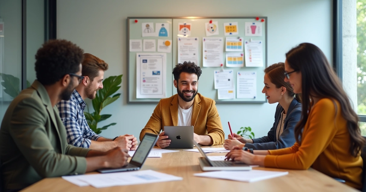 Equipe de RH discutindo benefícios corporativos em uma reunião. 