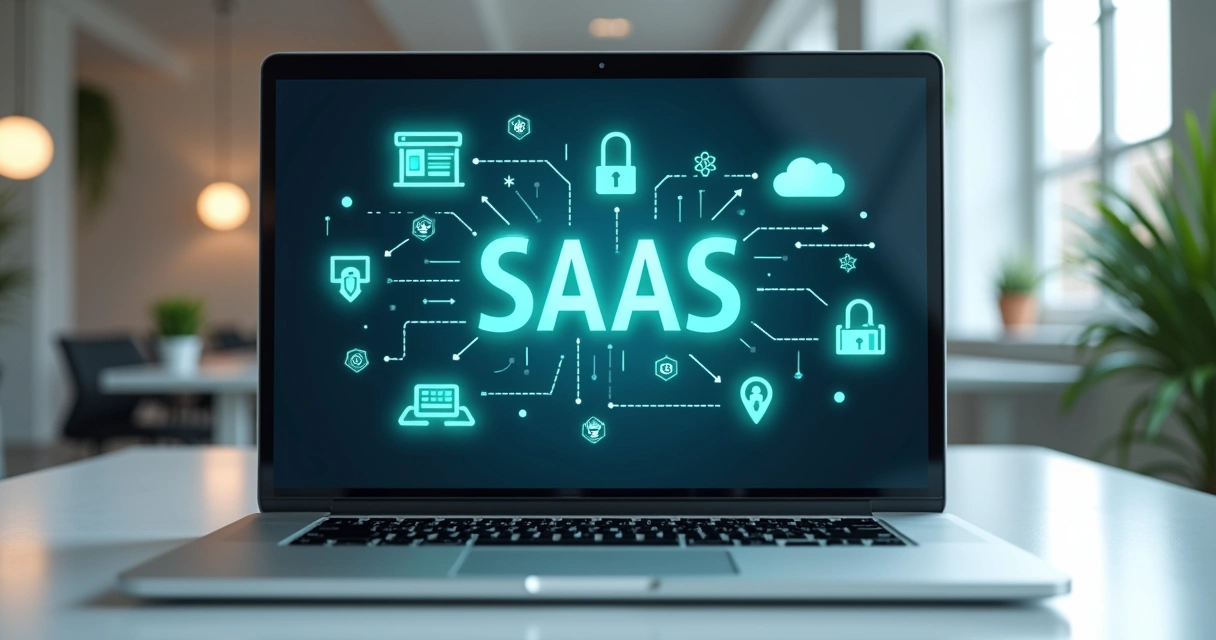 Ícones que representam vantagens do SaaS na tela de notebook 