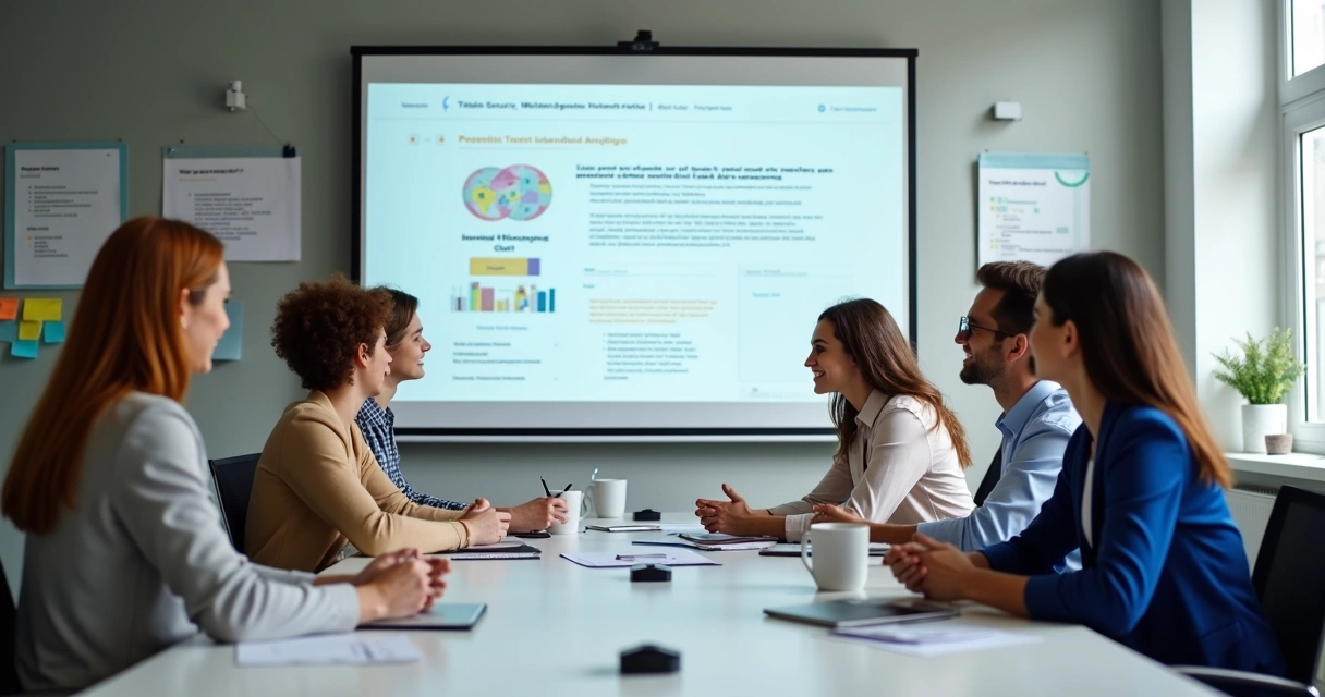 Equipe de empresa reunida em apresentação de benefícios de site atualizado 