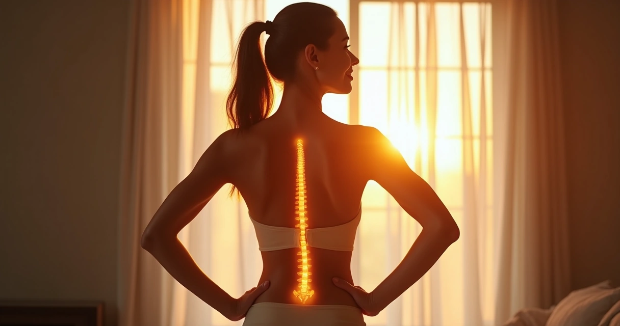 Mulher sorrindo ao realizar Superman com boa postura, com destaque para a coluna 