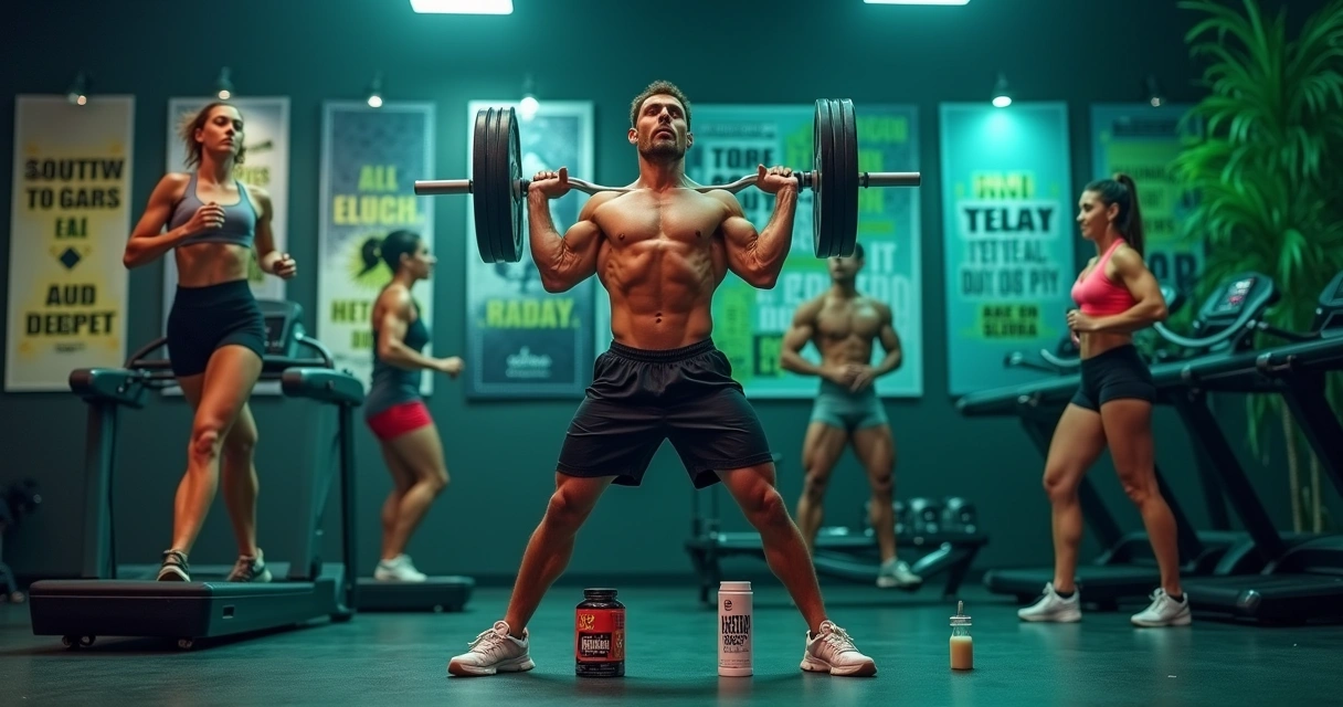 Grupo diverso de atletas em uma academia, destacando benefícios da suplementação no desempenho atlético.