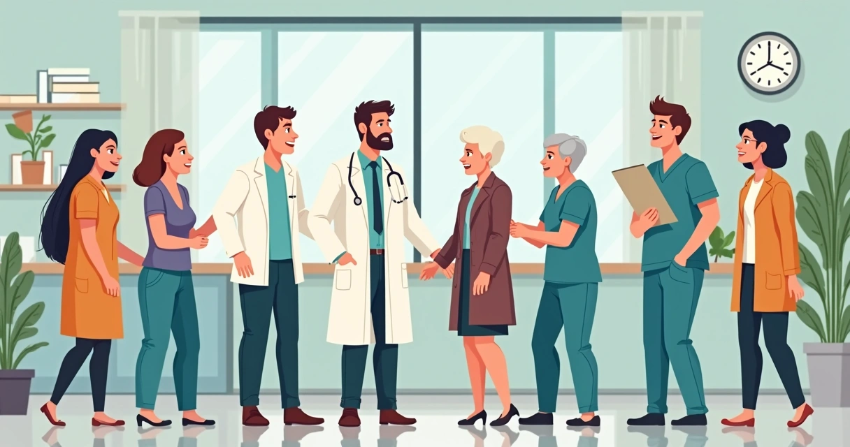 Aplicação de terapias antirretrovirais injetáveis na prática clínica 3 Grupos diversos de pessoas, incluindo profissionais de saúde, pacientes jovens e idosos, sorrindo em ambiente clínico, simbolizando benefícios da terapia injetável