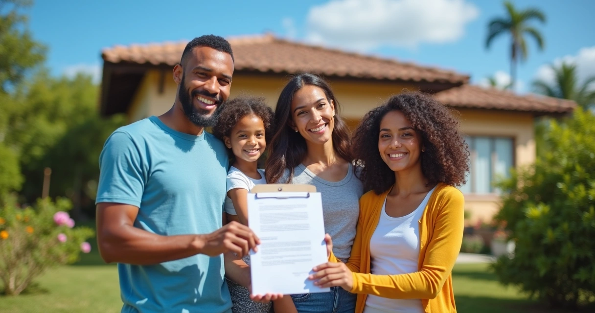 Família feliz recebendo escritura de casa de mãos dadas com advogado