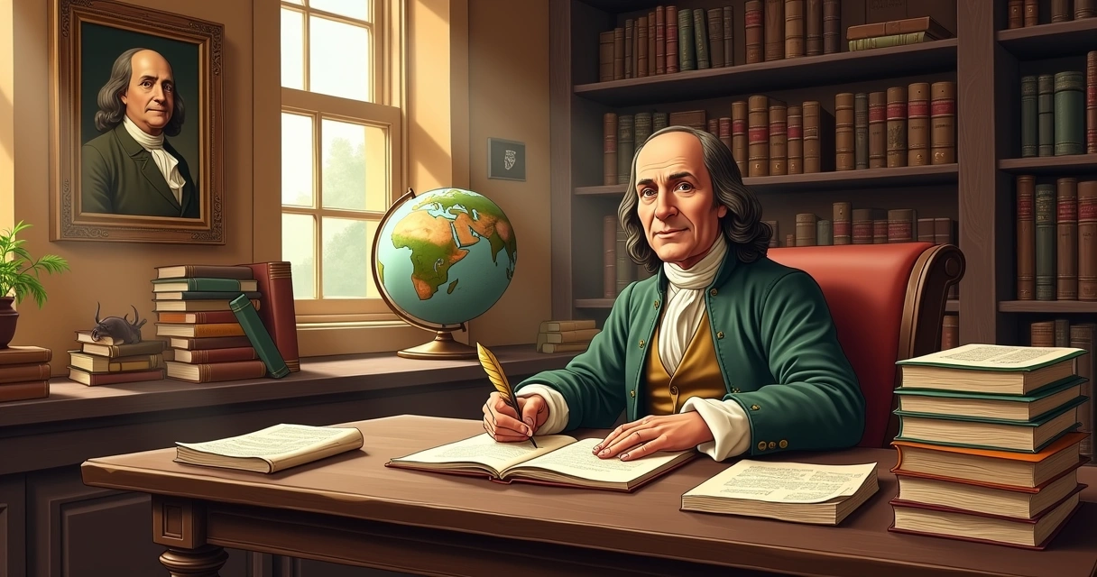 Benjamin Franklin writing at a desk with books, a quill, and a globe, in a warm, historic room.