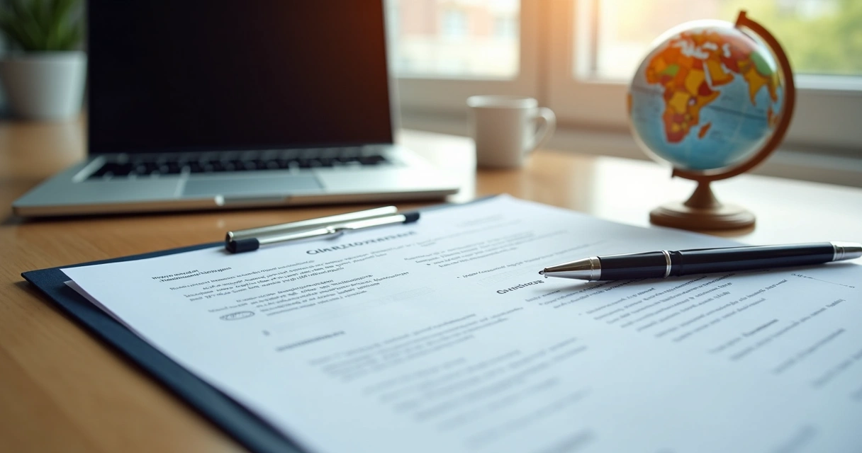 Bens como imóveis, documentos e contratos sobre uma mesa de escritório em ambiente internacional 