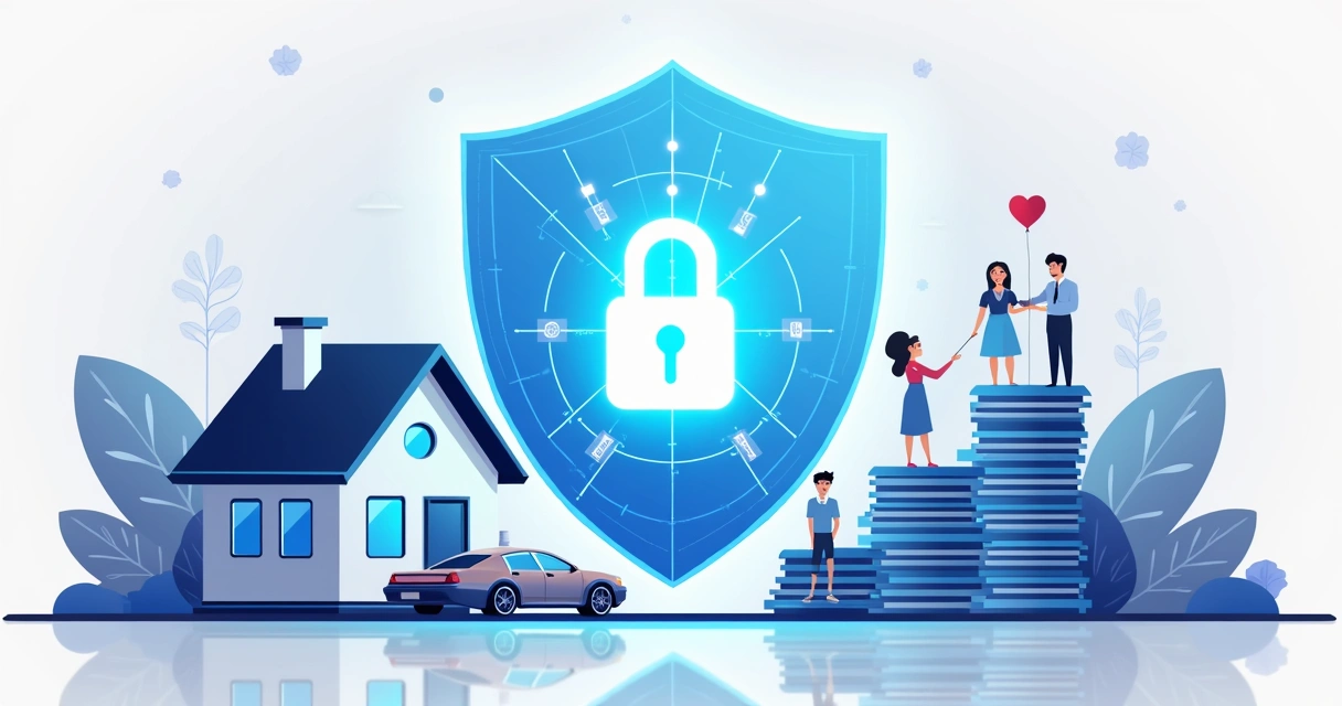 Casa, carro, família e moedas protegidos com escudo digital 