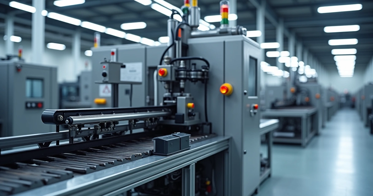 Berço automático com guidão posicionado, cortina de luz e painel de automação em ambiente industrial 