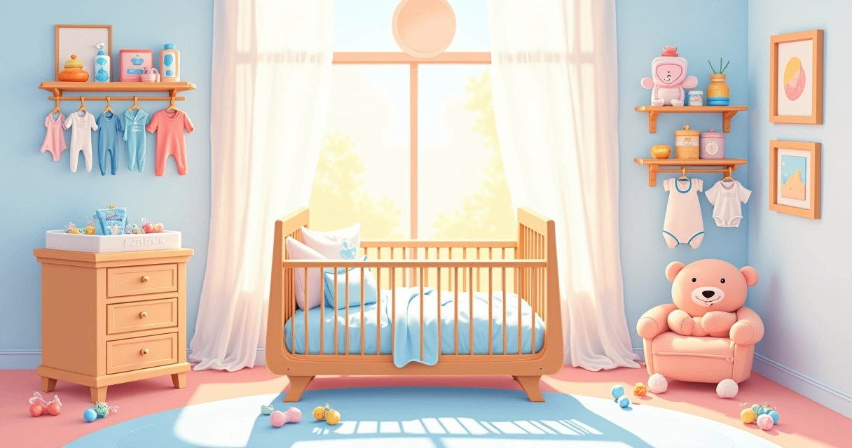 Ilustração de um berço aconchegante com roupas de bebê organizadas e um ambiente suave e iluminado.