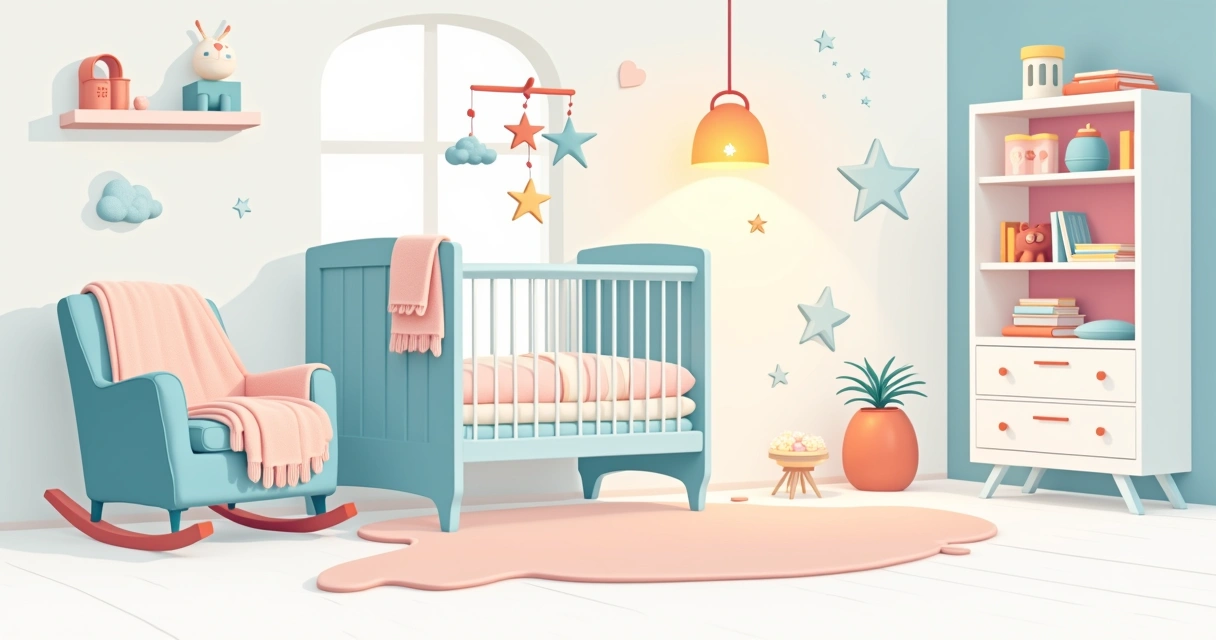 Ilustração de um berço moderno e seguro em um quarto de bebê acolhedor.