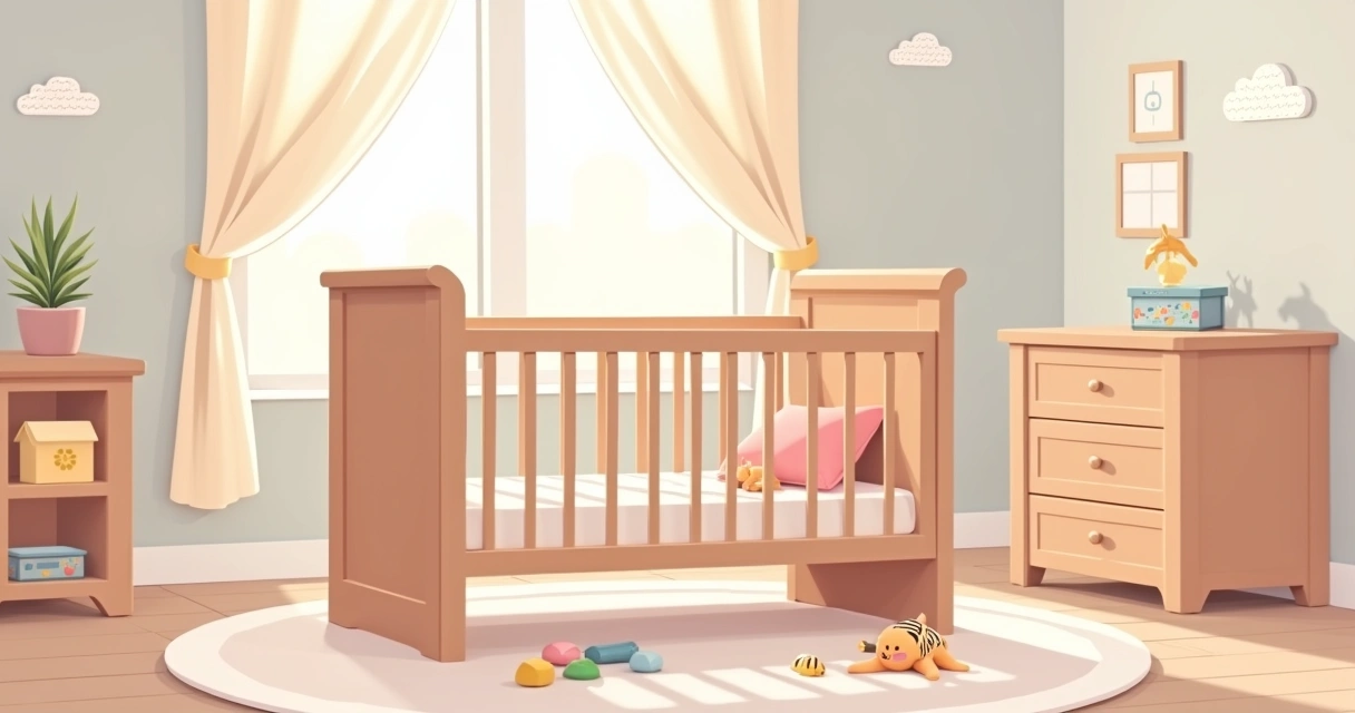 A ilustração de um berço seguro em um quarto de bebê, com detalhes de segurança e conforto.