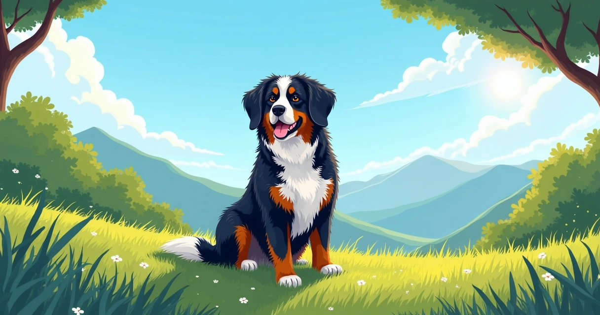 Bernese Mountain Dog saudável em um gramado com ração e água em um ambiente agradável ao ar livre