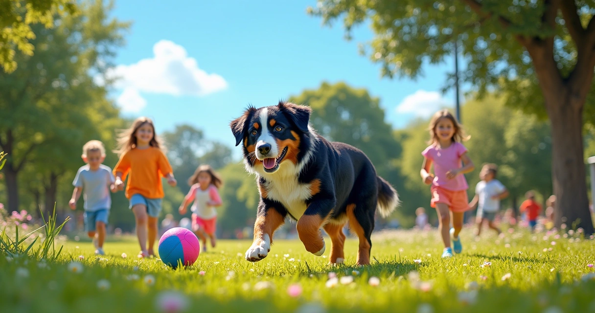 Um Bernese Mountain Dog brincando em um parque ensolarado com crianças, transmitindo afeto e alegria.