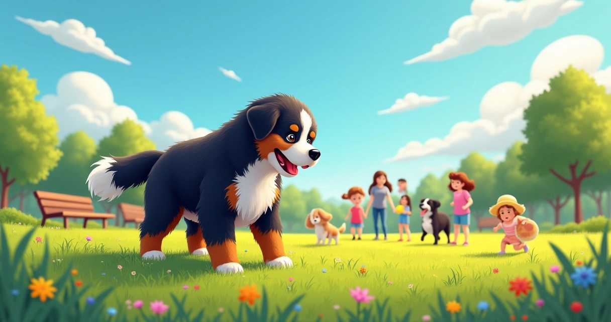 Filhote Bernese Mountain Dog brincando com crianças em um parque ensolarado, cercado por flores e árvores.