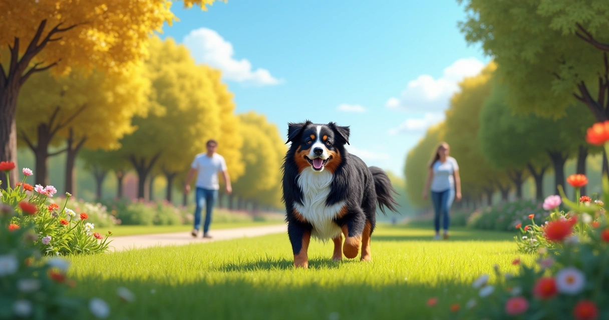 Um Bernese Mountain Dog brincando em um parque verde, com pessoas cuidando e alimentando o cão.