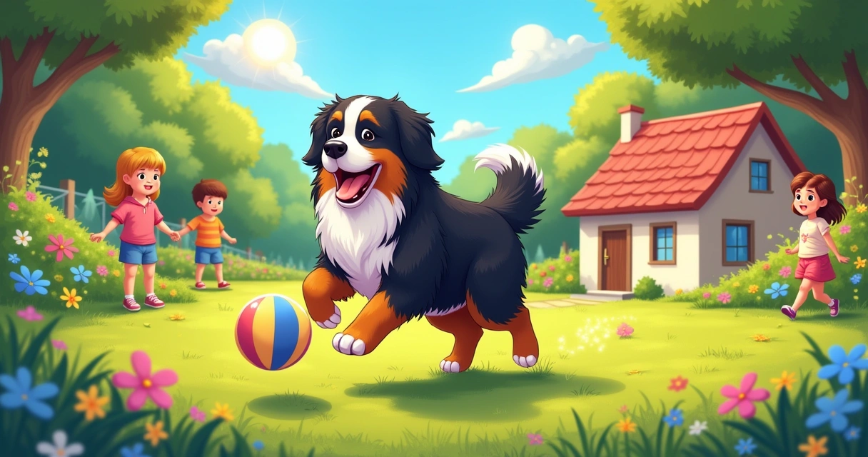 Bernese Mountain Dog feliz brincando no quintal com crianças, flores e uma casa ao fundo.