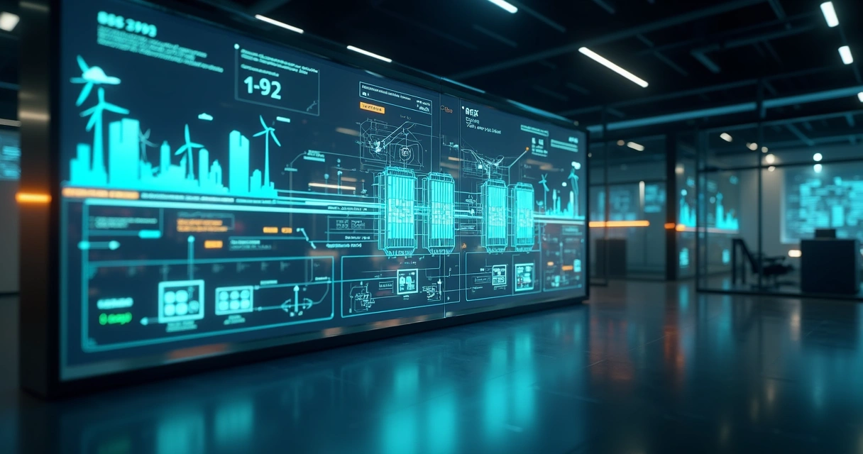 Painel digital mostrando fluxo de energia em baterias BESS em ambiente escuro futurista 