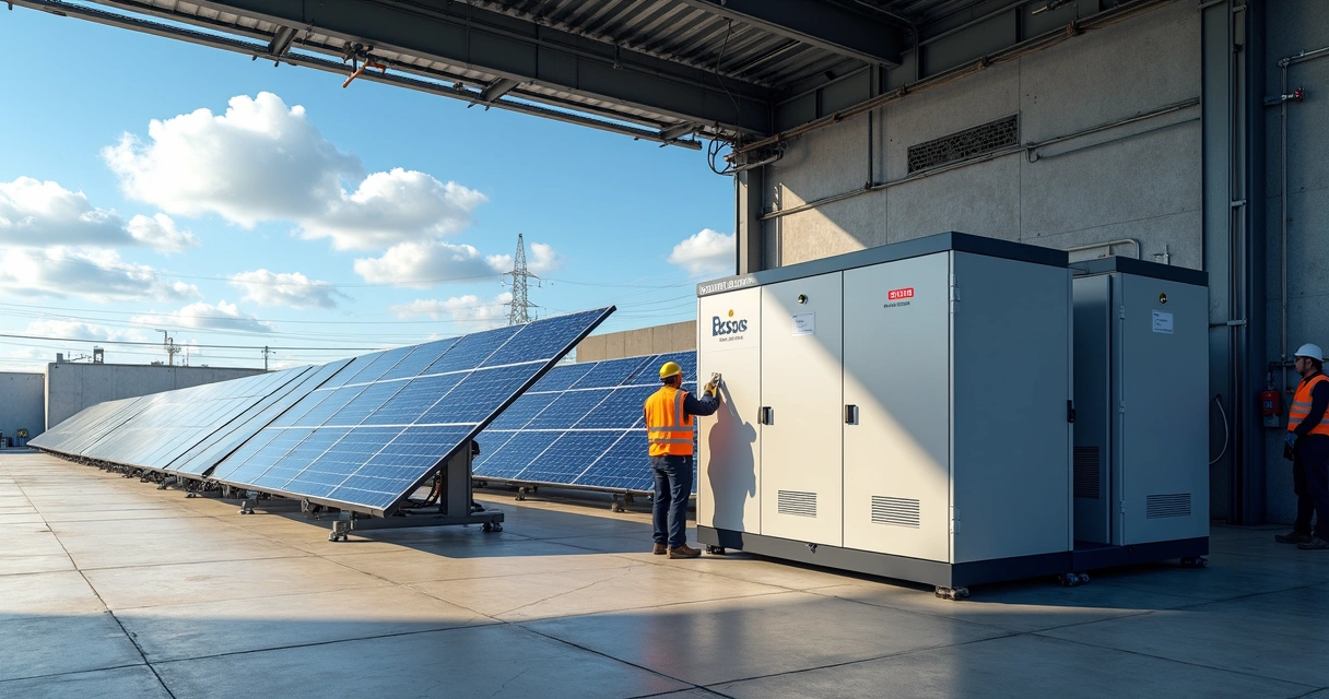 Sistema de BESS instalado em ambiente industrial ao lado de painéis solares. 