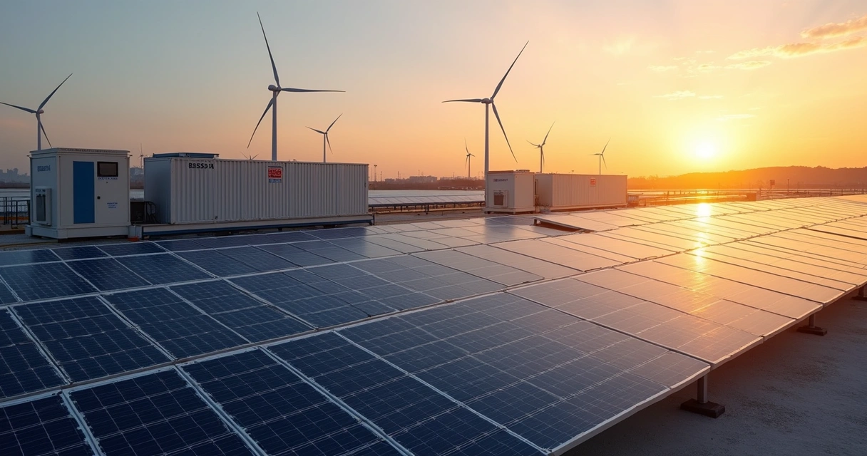 Sistema BESS ao lado de painéis solares em operação 