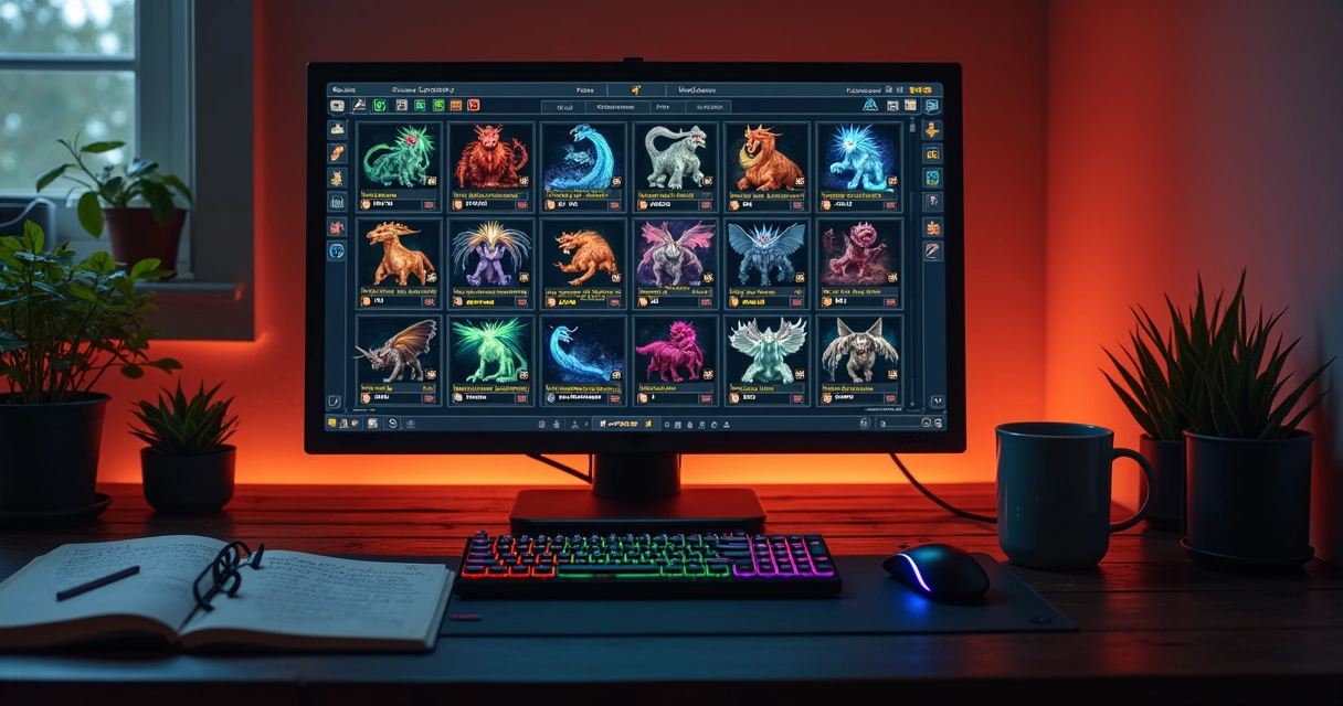 Tela de bestiário do jogo Tibia mostrando detalhes e estatísticas de monstros variados coloridos 