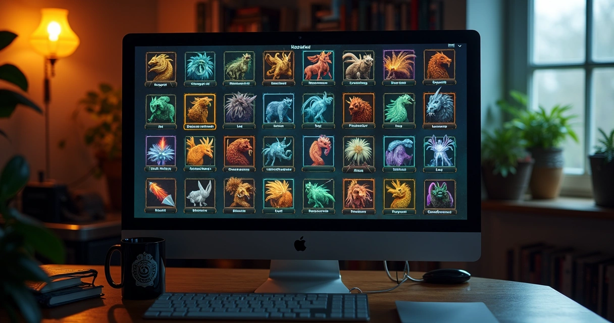 Painel do bestiário no jogo Tibia, mostrando várias criaturas desbloqueadas e em progresso. 