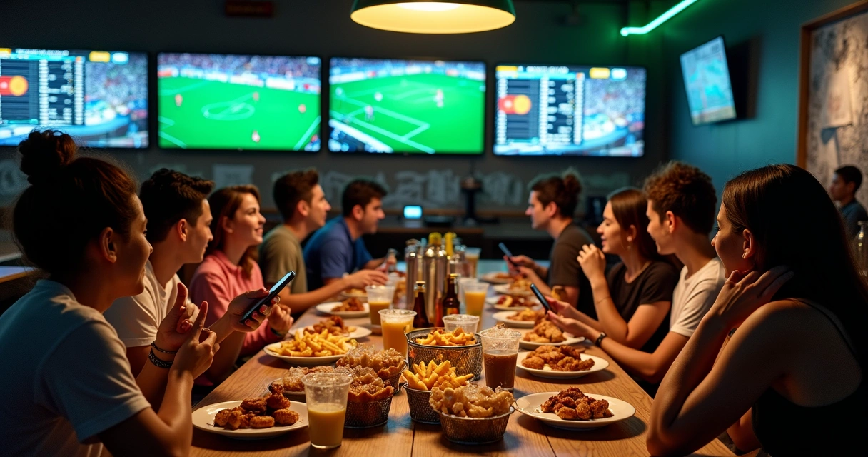 Torcedores assistindo jogo em bar com comidas e apostas esportivas na tela 