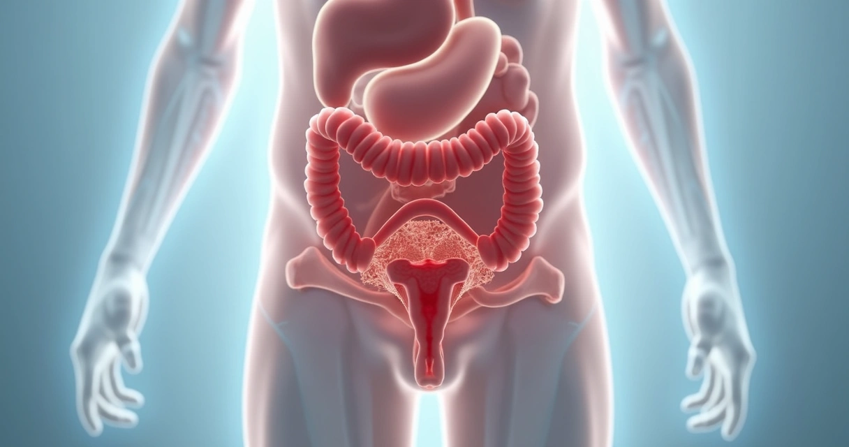 Ilustração médica de bexiga, próstata e uretra com obstrução urinária