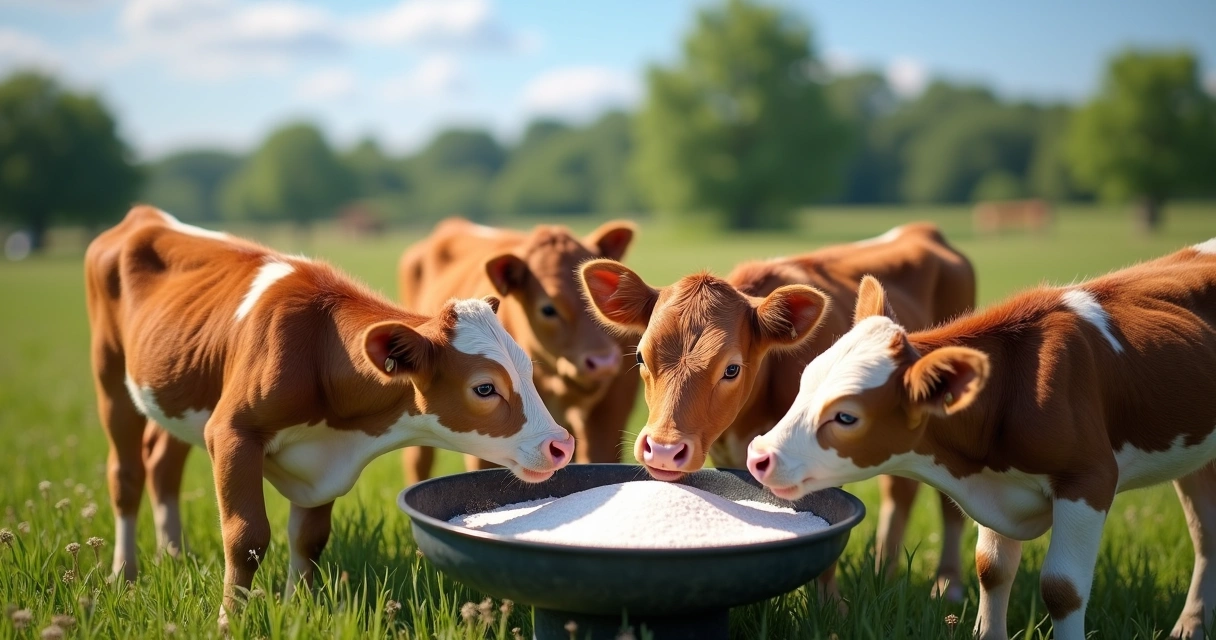 Bezerros recebendo suplementação ao lado de cocho de sal proteinado 