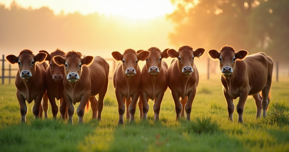 Grupo de bezerros com pelagem uniforme em pasto verde ao amanhecer 
