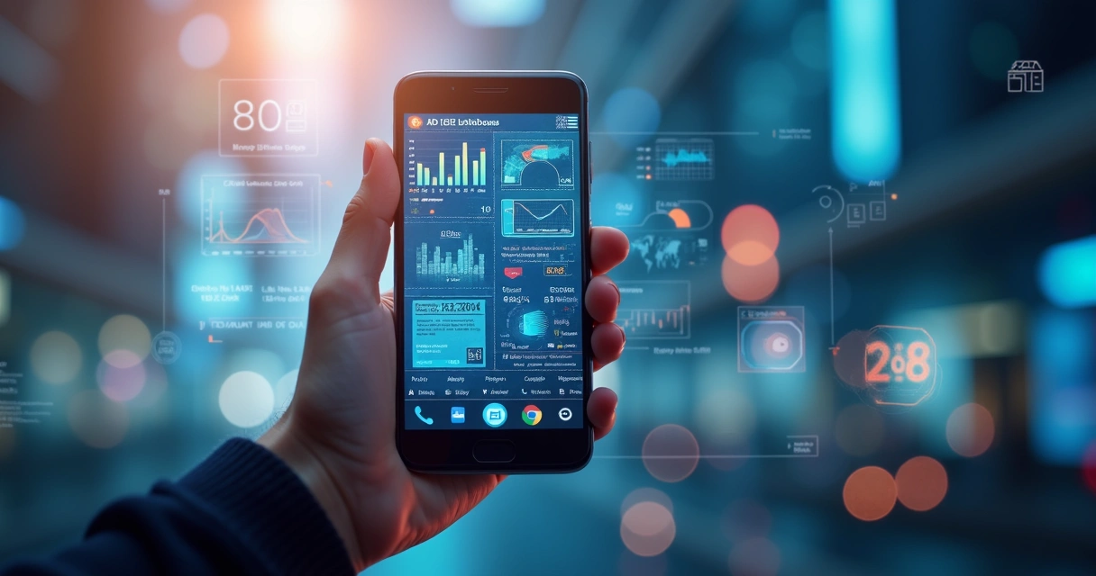 Tela de BI em smartphone exibindo gráficos em tempo real 