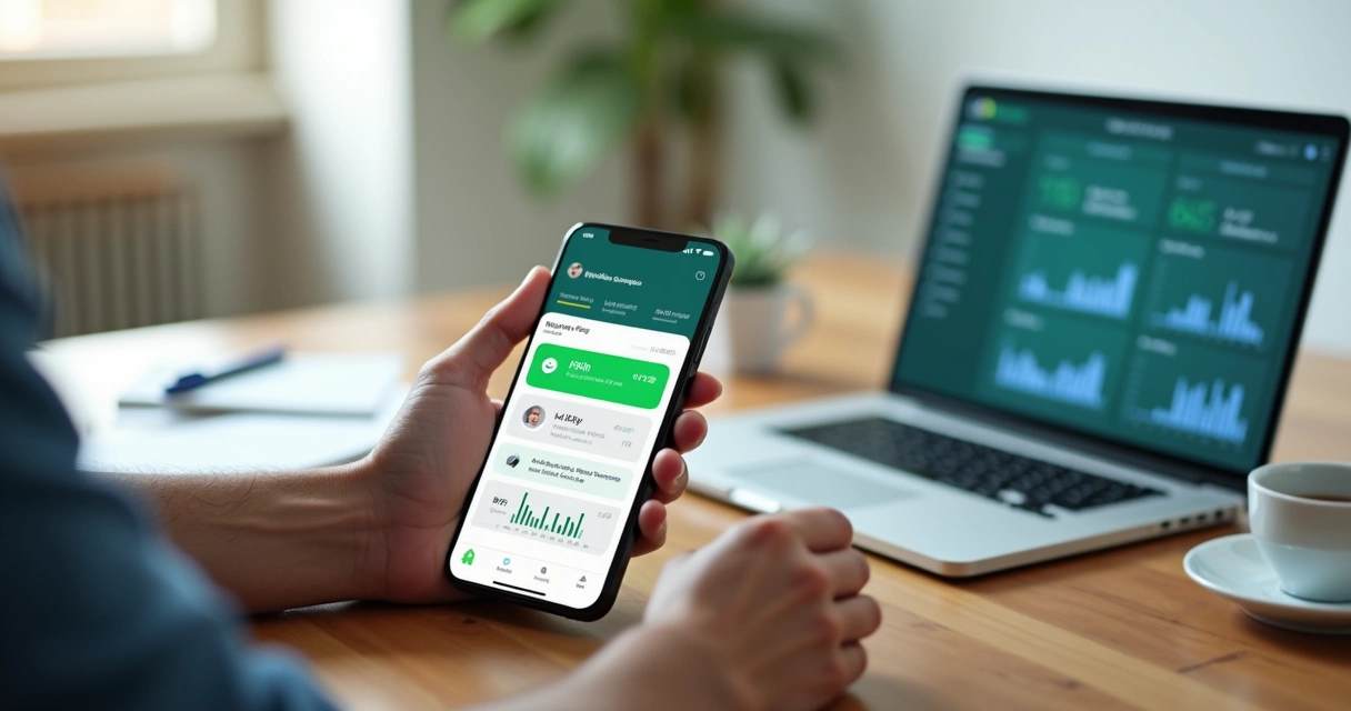 Gestor vendo dados financeiros no WhatsApp em gráfico de BI 
