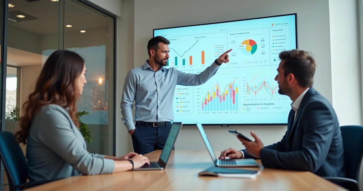 Equipe analisando painel de BI self-service em escritório moderno 