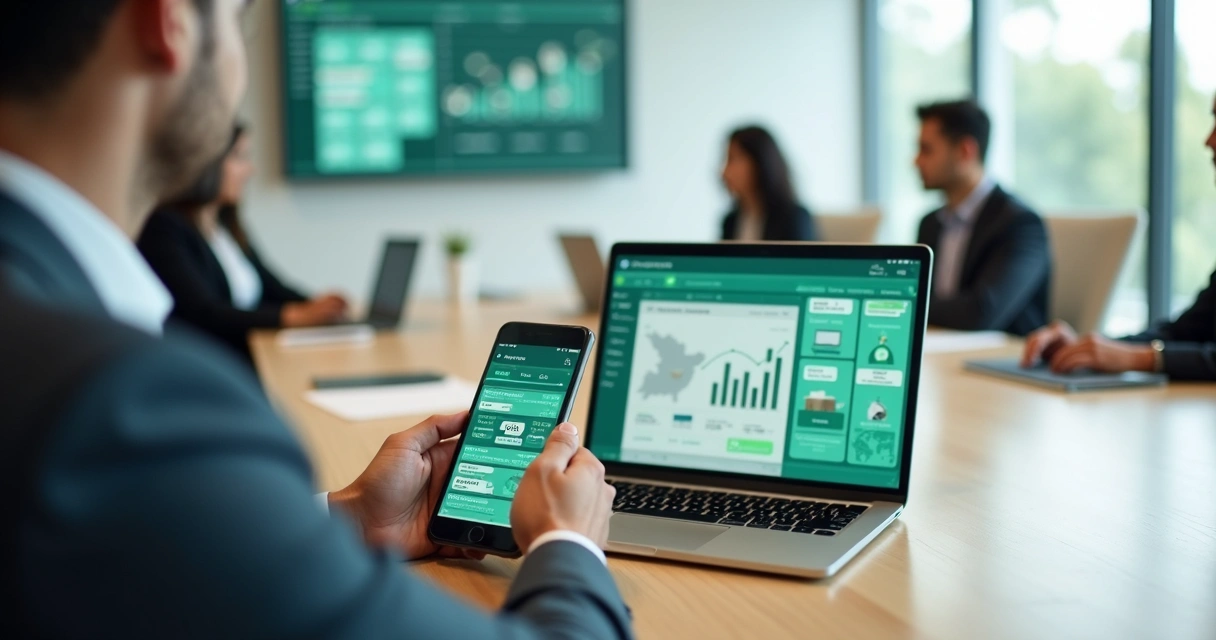 Gestor observando painel de BI no notebook enquanto segura conversa de WhatsApp com dados de franquias 