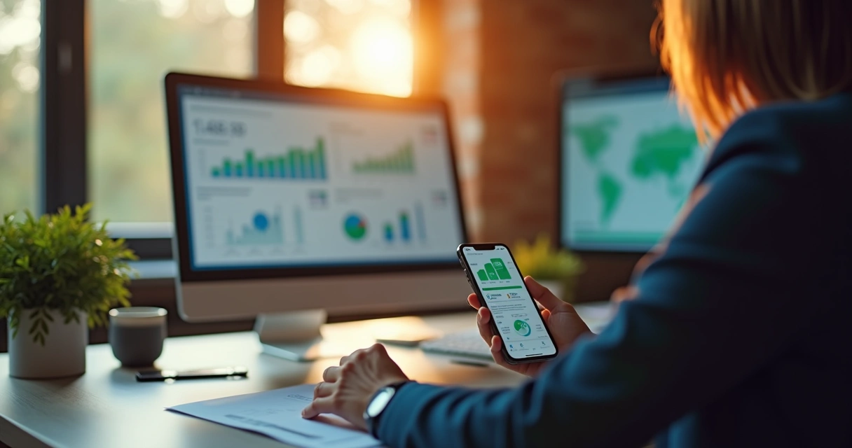 Gestor moderno olhando dados de BI pelo WhatsApp em escritório iluminado