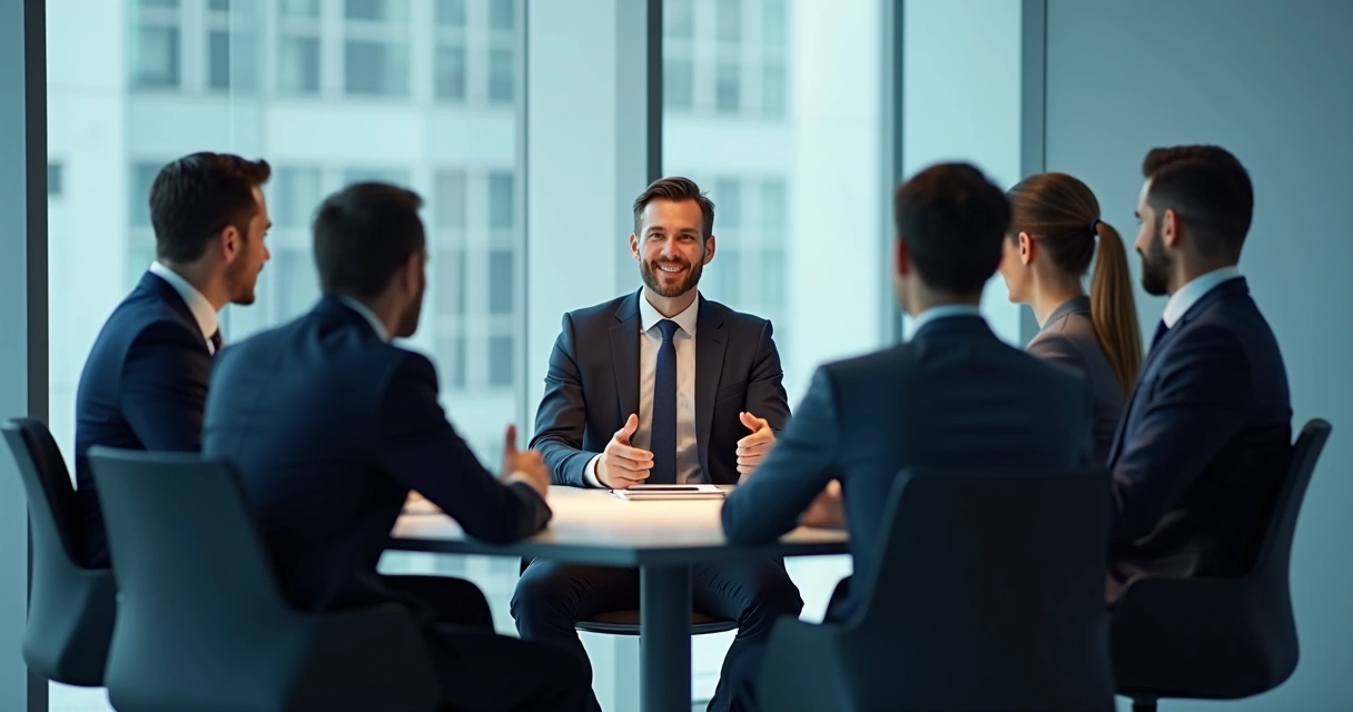 Team members in a meeting with one person overshadowed by group agreement 