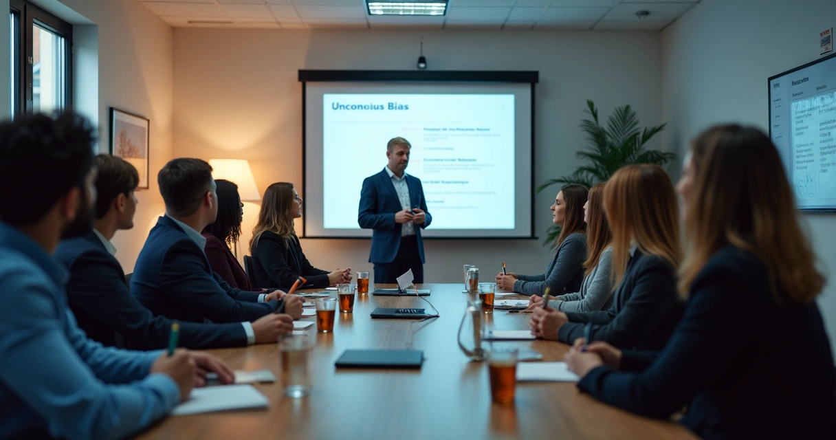 Workshop session with people learning about unconscious bias with a trainer and presentation screen 