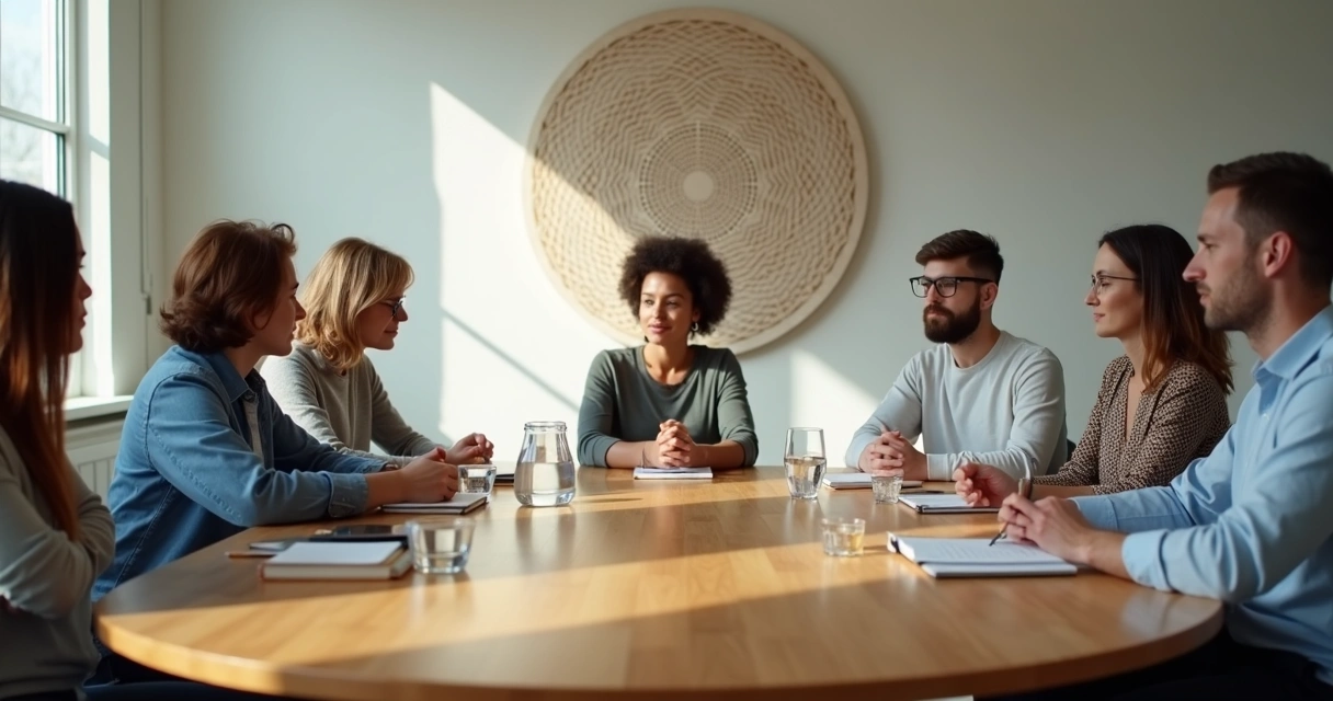Group meeting around a table casting fragmented overlapping shadows 