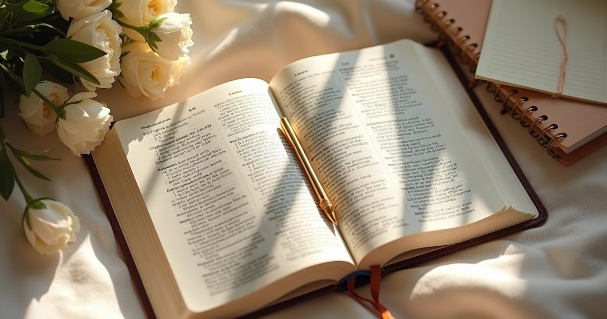 Bíblia aberta com flores e bloco de notas ao lado 