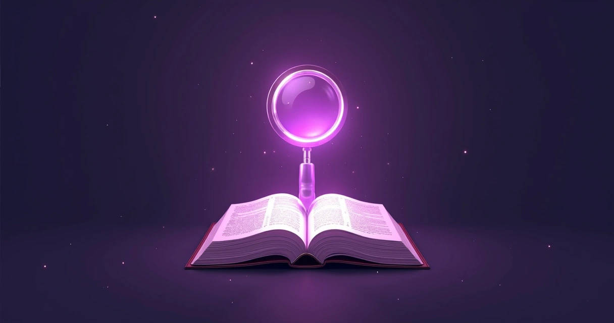 Logo da Bíblia com Lupa com elementos roxos e Bíblia aberta. 